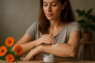 Žena nanášajúca krém s nechtíkom na pokožku.