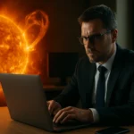 Muž pracujúci na laptopu s erupciou Slnka v pozadí