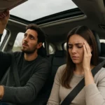 Pár diskutuje v aute o panoramatickej streche a jej nevýhodách.