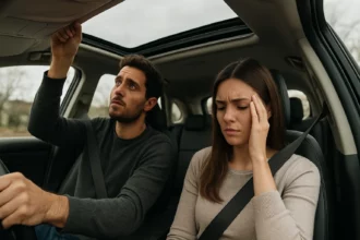 Pár diskutuje v aute o panoramatickej streche a jej nevýhodách.