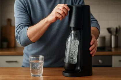 Osoba používa ručné sýtenie sady na bublinkové nápoje