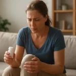 Žena s bolesťou kĺbov drží fľašu glukozamínu.