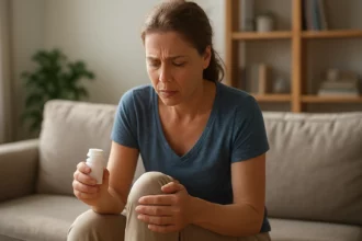 Žena s bolesťou kĺbov drží fľašu glukozamínu.