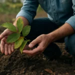 Muž skúma orechové listy v pôde pri pestovaní rastlín