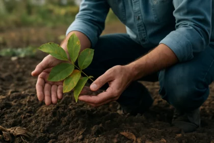 Muž skúma orechové listy v pôde pri pestovaní rastlín