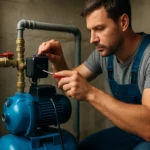 Technik nastavuje tlakový spínač na domácej vodárni.