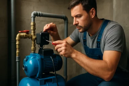 Technik nastavuje tlakový spínač na domácej vodárni.