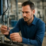 Pracovník nastavuje indukčný snímač v priemyselnom prostredí.