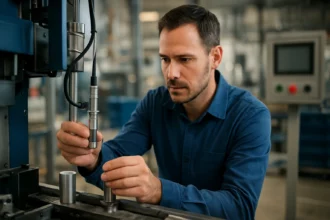 Pracovník nastavuje indukčný snímač v priemyselnom prostredí.