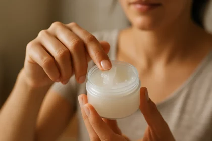 Žena používa vazelínu na starostlivosť o pokožku.