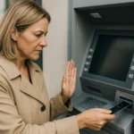 Žena bezpečne používa bankomat.