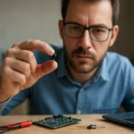 Technik skúma NTC senzor na meranie teploty na doske.