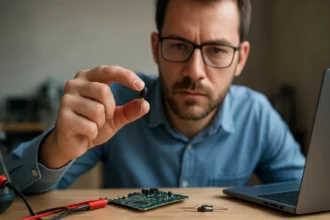 Technik skúma NTC senzor na meranie teploty na doske.