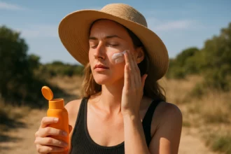 Žena nanášajúca opaľovací krém na tvár na slnku