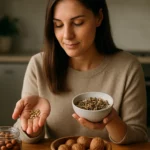 Žena drži semienka slnečnice a tekvice v ruke a usmieva sa.