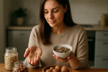 Žena drži semienka slnečnice a tekvice v ruke a usmieva sa.