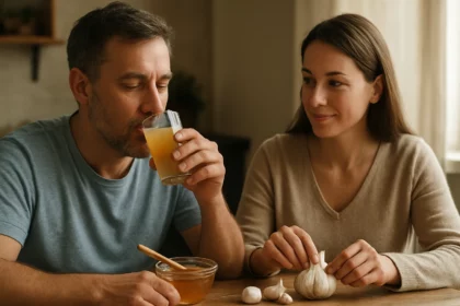 Muž pije nápoj s medom, žena so cesnakom, zdravé recepty.