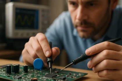 Technik testuje elektronický obvod s varistorom na ochranu pred prepätím.