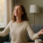 Žena relaxuje doma s zatvorenými očami a šálkou nápoja