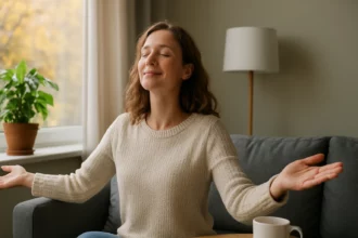 Žena relaxuje doma s zatvorenými očami a šálkou nápoja