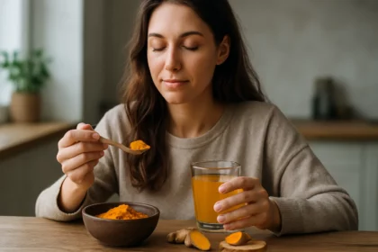 Žena s kurkumou v práškovej forme a nápojom na zlepšenie zdravia