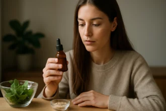 Žena skúma esenciálny olej v hnedej sklenenej fľaši s bylinkami