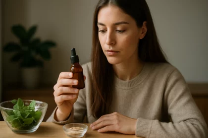 Žena skúma esenciálny olej v hnedej sklenenej fľaši s bylinkami