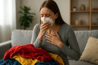 Žena v maske s plyšovými oblečením, zdroj alergie a zdravotných problémov.