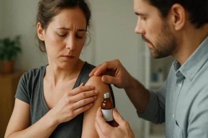 A woman receiving treatment for joint pain with a soothing gel