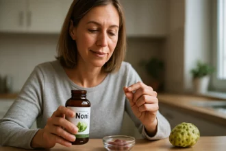 Žena užívajúca kapsuly Nöni v kuchyni s plodom noni vedľa.