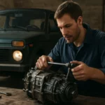 Mechanik pracuje na prevodovke automobilu Lada Niva v dielni