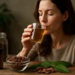 Žena pije čaj z chinínu, prírodného liečivého prostriedku