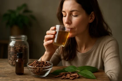 Žena pije čaj z chinínu, prírodného liečivého prostriedku