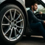 Horčíkový disk automobilu s mužom sediacim vo vozidle.