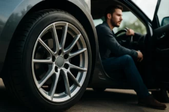 Horčíkový disk automobilu s mužom sediacim vo vozidle.