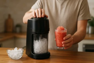 Človek pripravuje ľadový nápoj so strojom na ľadovú drť