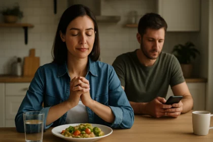 Žena s modrou košeľou modlí počas jedla, muž s telefónom vedľa nej.