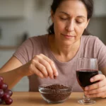 Žena vychutnávajúca si mletú červenú hroznovú kôstku a víno.