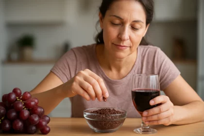 Žena vychutnávajúca si mletú červenú hroznovú kôstku a víno.