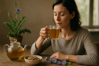 Žena vychutnáva liečivý čaj z koreňa čakanky obyčajnej.