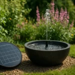 Solárna fontána v záhrade s vodným prúdom a slnečnou energiou.