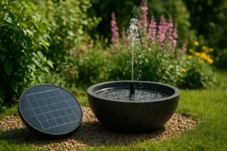 Solárna fontána v záhrade s vodným prúdom a slnečnou energiou.