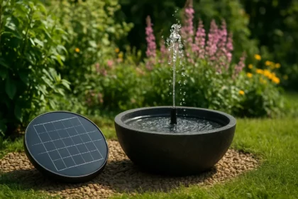 Solárna fontána v záhrade s vodným prúdom a slnečnou energiou.