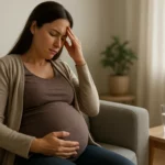 Tehotná žena prežíva zápchu a stres v pohodlí domova.