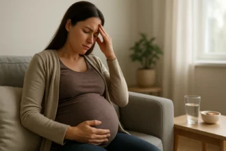 Tehotná žena prežíva zápchu a stres v pohodlí domova.
