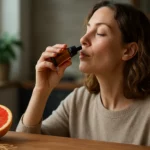 Žena používa ženšenové a grapefruitové kvapky pre energiu a vitalitu.