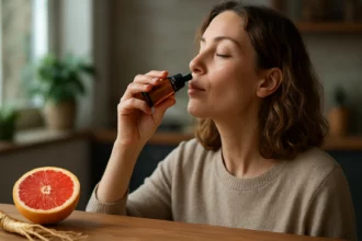 Žena používa ženšenové a grapefruitové kvapky pre energiu a vitalitu.