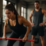 Žena cvičiaca s činkou v moderne vybavenej telocvični.