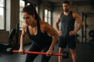 Žena cvičiaca s činkou v moderne vybavenej telocvični.