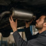 Mechanik kontroluje zadný tlmič výfuku pod automobilom.